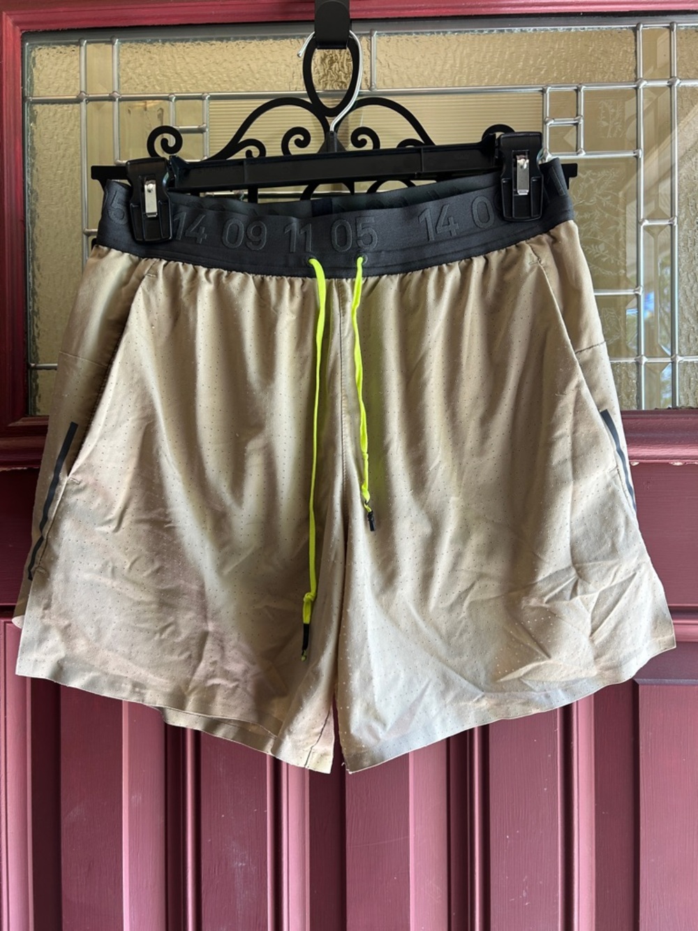 Men’s Nike Tech Flex Stride 5” Shorts - Tan with Neon Drawcord